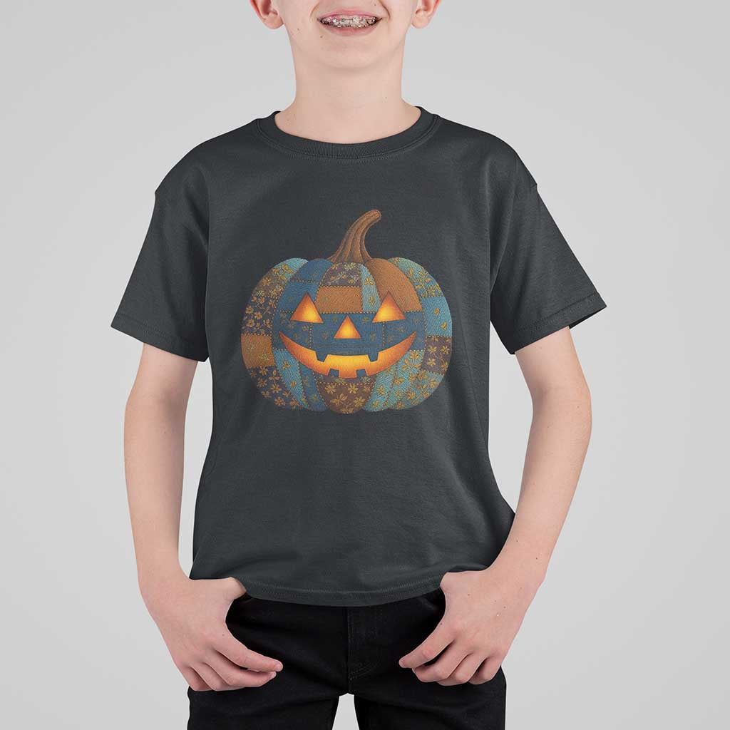 Halloween Blue Denim Patchwork Spooky Pumpkin T Shirt For Kid - Wonder Print Shop