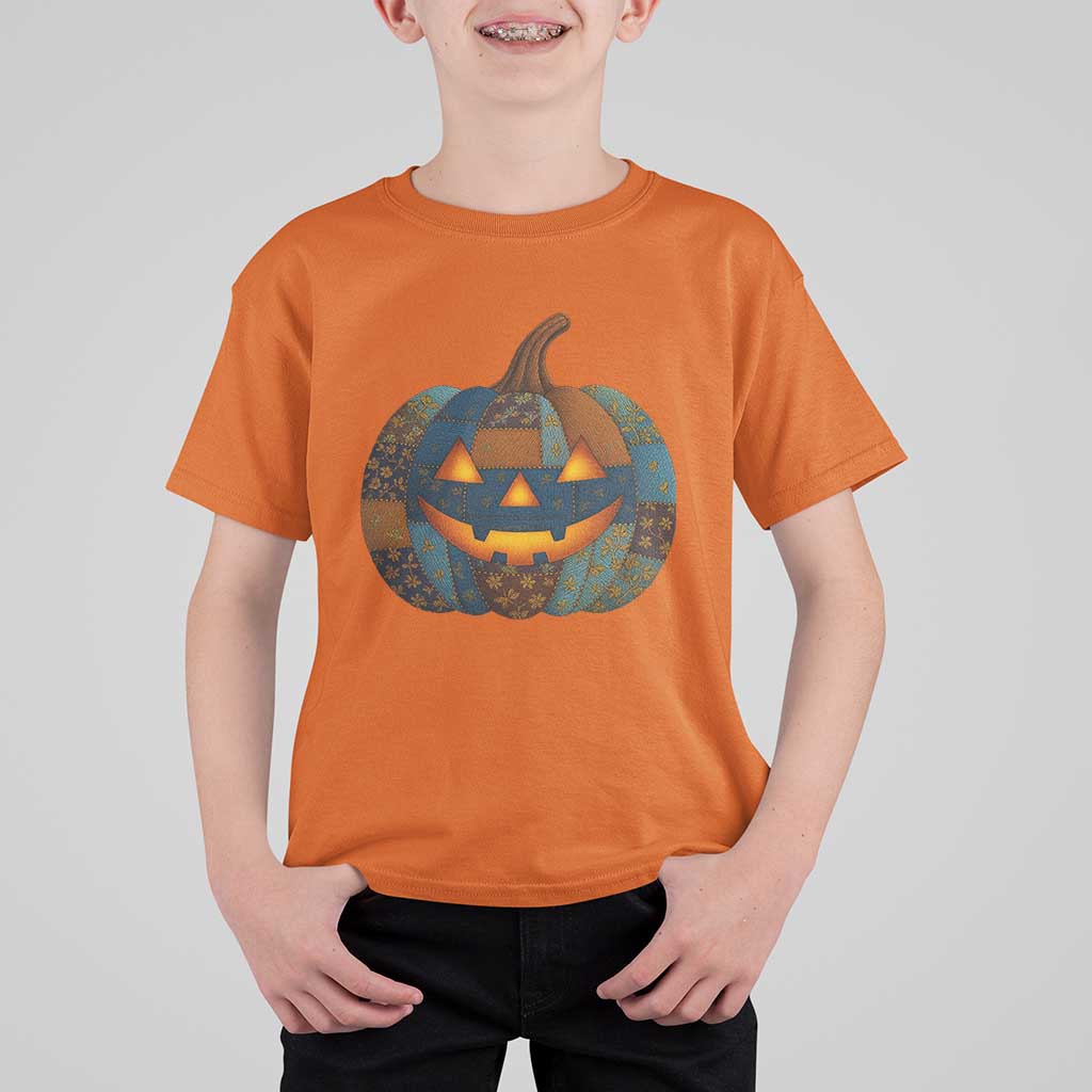 Halloween Blue Denim Patchwork Spooky Pumpkin T Shirt For Kid - Wonder Print Shop