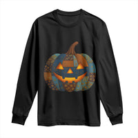 Halloween Blue Denim Patchwork Spooky Pumpkin Long Sleeve Shirt - Wonder Print Shop