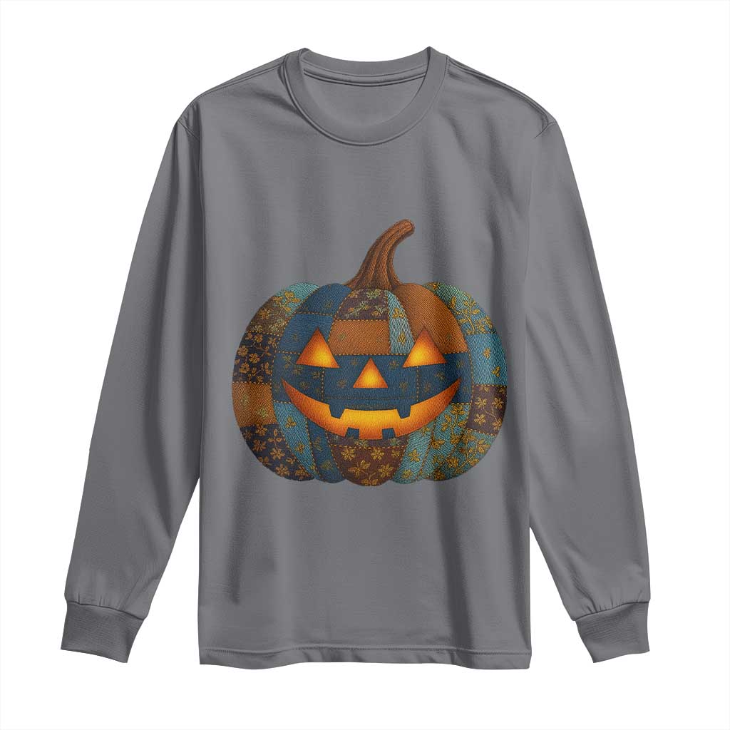 Halloween Blue Denim Patchwork Spooky Pumpkin Long Sleeve Shirt - Wonder Print Shop