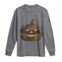 Halloween Blue Denim Patchwork Spooky Pumpkin Long Sleeve Shirt - Wonder Print Shop