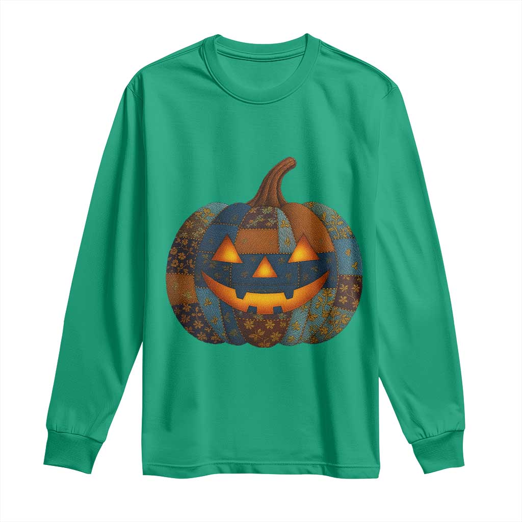 Halloween Blue Denim Patchwork Spooky Pumpkin Long Sleeve Shirt - Wonder Print Shop