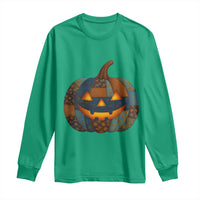 Halloween Blue Denim Patchwork Spooky Pumpkin Long Sleeve Shirt - Wonder Print Shop