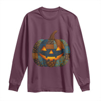 Halloween Blue Denim Patchwork Spooky Pumpkin Long Sleeve Shirt - Wonder Print Shop