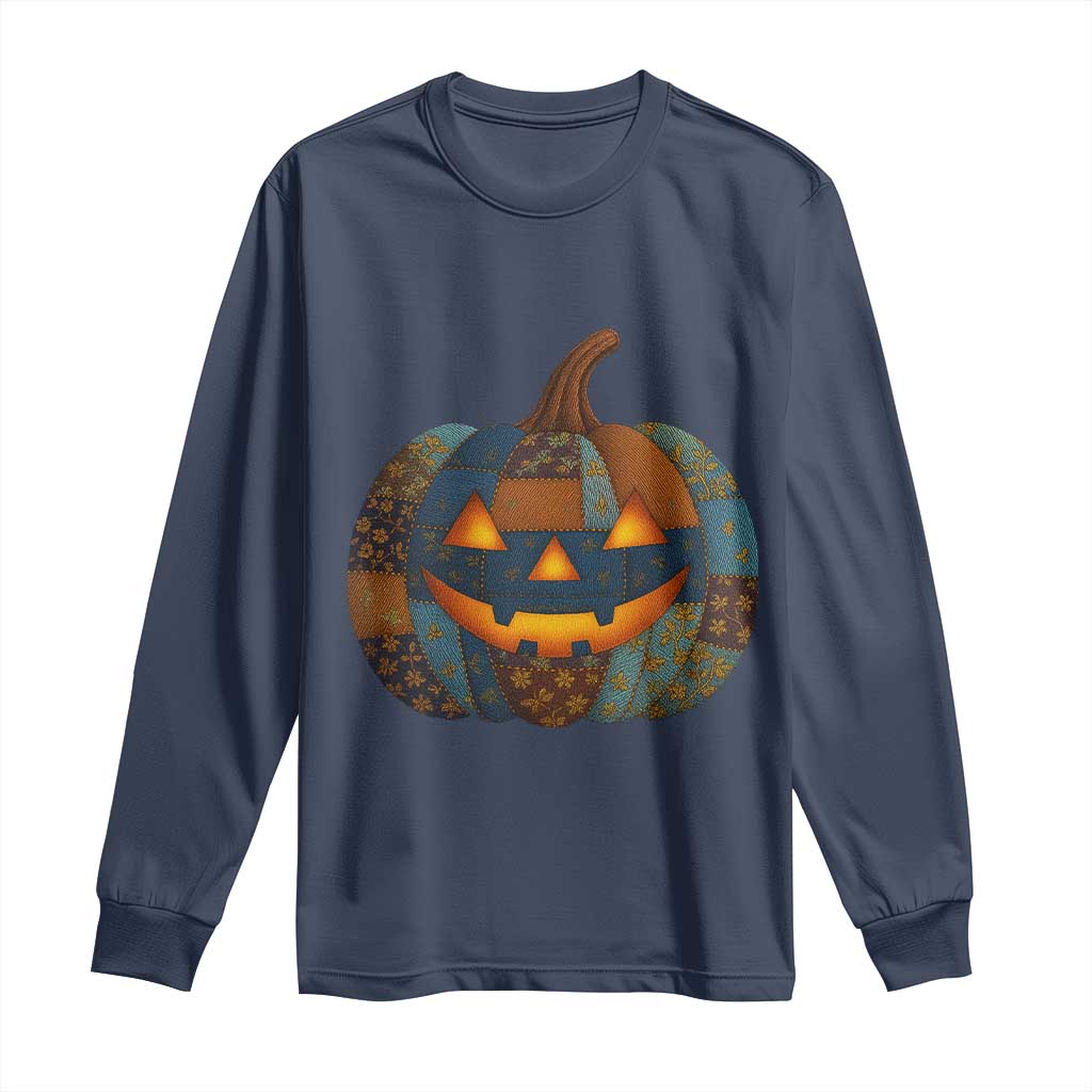 Halloween Blue Denim Patchwork Spooky Pumpkin Long Sleeve Shirt - Wonder Print Shop