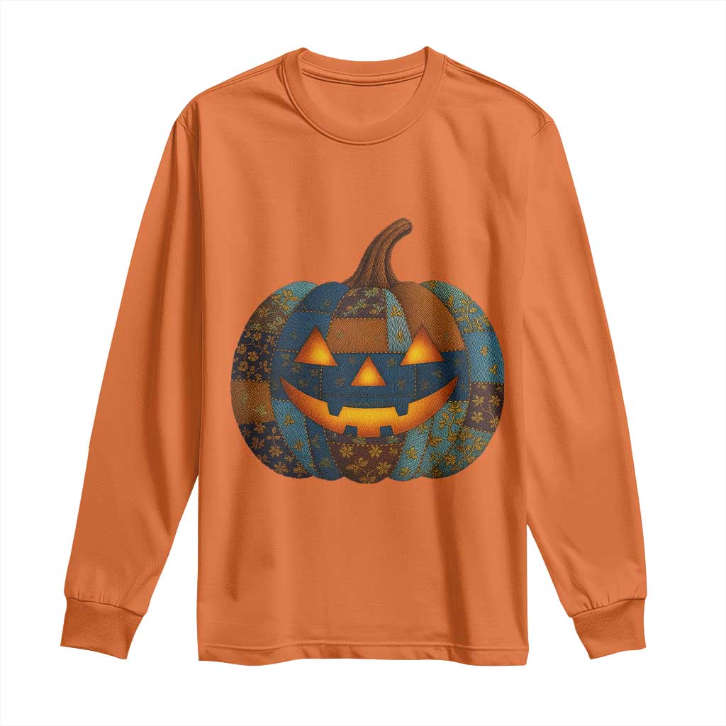 Halloween Blue Denim Patchwork Spooky Pumpkin Long Sleeve Shirt - Wonder Print Shop