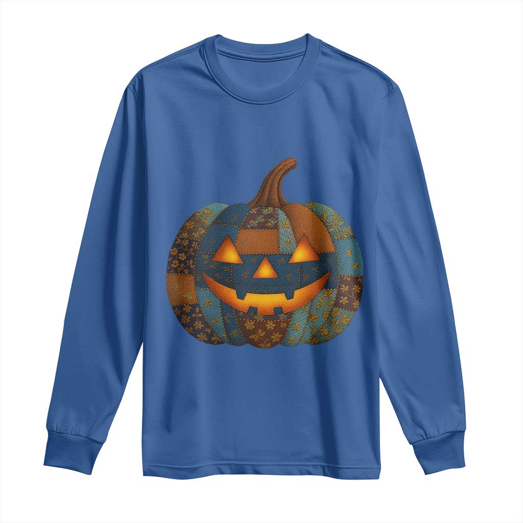 Halloween Blue Denim Patchwork Spooky Pumpkin Long Sleeve Shirt - Wonder Print Shop