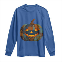 Halloween Blue Denim Patchwork Spooky Pumpkin Long Sleeve Shirt - Wonder Print Shop