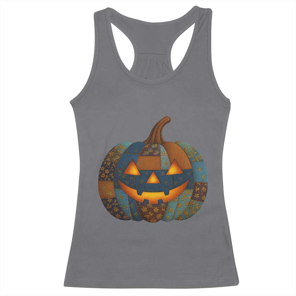 Halloween Blue Denim Patchwork Spooky Pumpkin Racerback Tank Top - Wonder Print Shop
