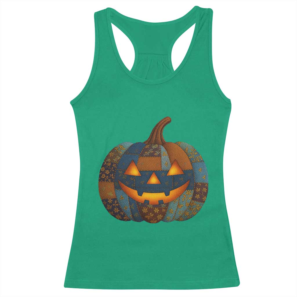 Halloween Blue Denim Patchwork Spooky Pumpkin Racerback Tank Top - Wonder Print Shop