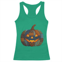 Halloween Blue Denim Patchwork Spooky Pumpkin Racerback Tank Top - Wonder Print Shop