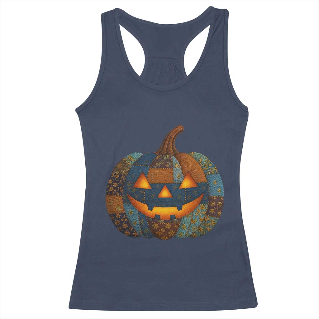 Halloween Blue Denim Patchwork Spooky Pumpkin Racerback Tank Top - Wonder Print Shop