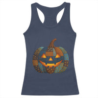Halloween Blue Denim Patchwork Spooky Pumpkin Racerback Tank Top - Wonder Print Shop