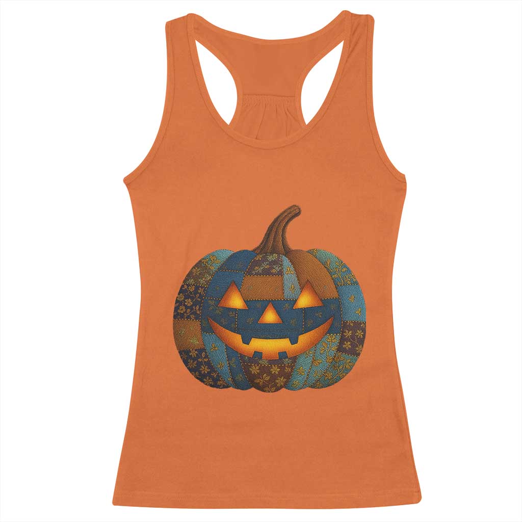 Halloween Blue Denim Patchwork Spooky Pumpkin Racerback Tank Top - Wonder Print Shop