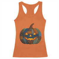 Halloween Blue Denim Patchwork Spooky Pumpkin Racerback Tank Top - Wonder Print Shop
