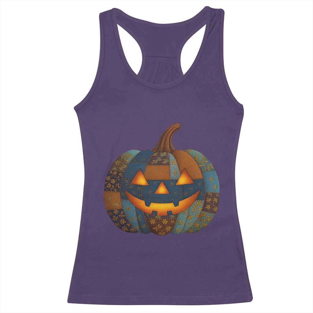 Halloween Blue Denim Patchwork Spooky Pumpkin Racerback Tank Top - Wonder Print Shop