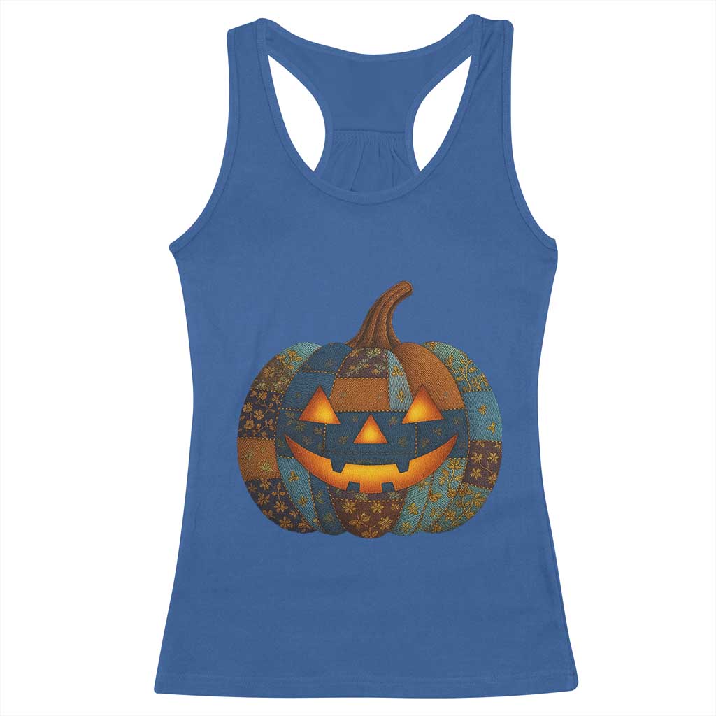 Halloween Blue Denim Patchwork Spooky Pumpkin Racerback Tank Top - Wonder Print Shop