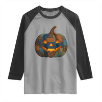 Halloween Blue Denim Patchwork Spooky Pumpkin Raglan Shirt - Wonder Print Shop