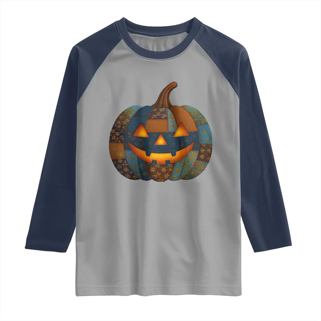 Halloween Blue Denim Patchwork Spooky Pumpkin Raglan Shirt - Wonder Print Shop