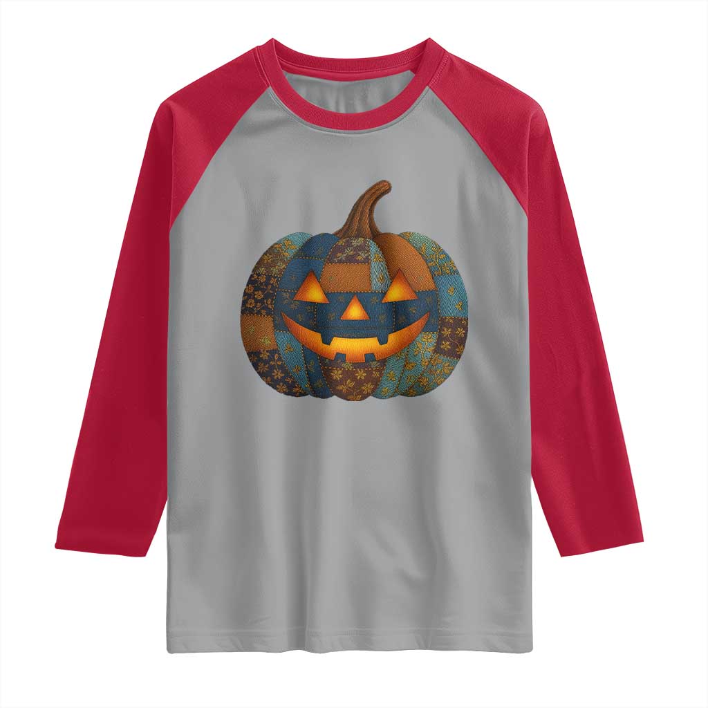 Halloween Blue Denim Patchwork Spooky Pumpkin Raglan Shirt - Wonder Print Shop
