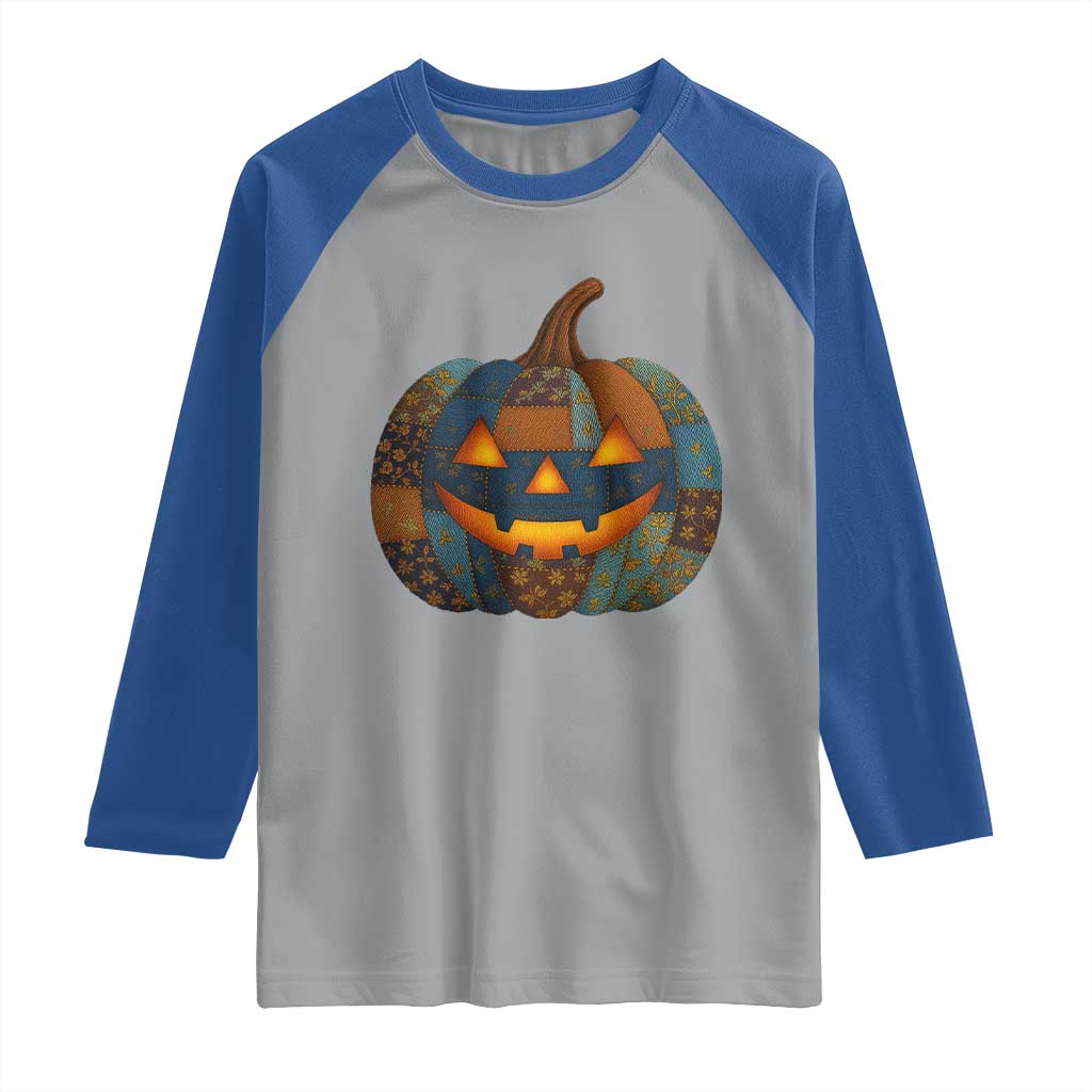 Halloween Blue Denim Patchwork Spooky Pumpkin Raglan Shirt - Wonder Print Shop