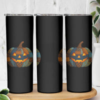 Halloween Blue Denim Patchwork Spooky Pumpkin Skinny Tumbler - Wonder Print Shop