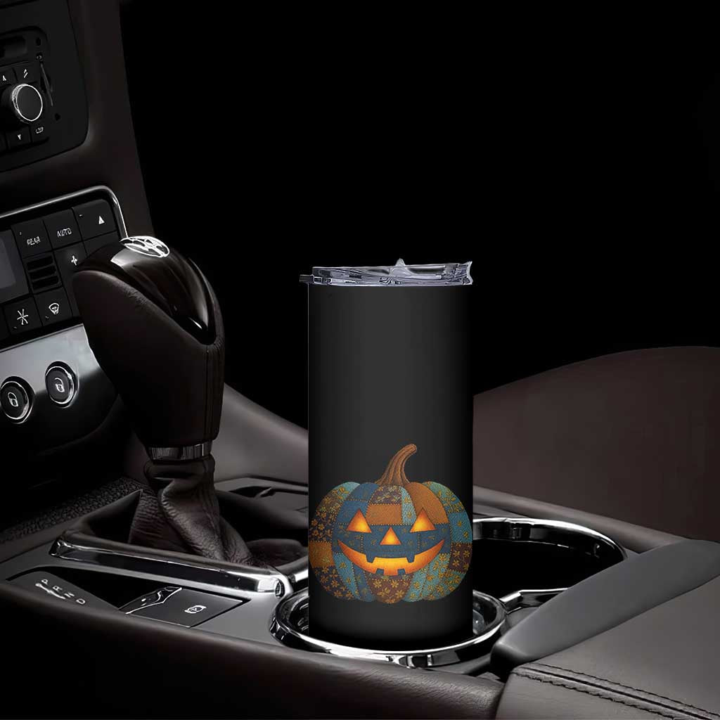 Halloween Blue Denim Patchwork Spooky Pumpkin Skinny Tumbler - Wonder Print Shop