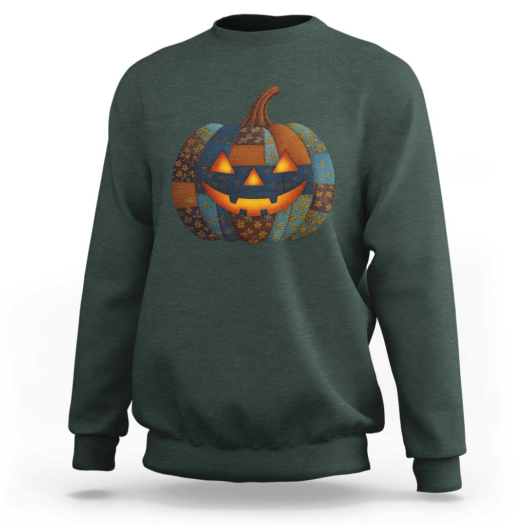 Halloween Blue Denim Patchwork Spooky Pumpkin Sweatshirt - Wonder Print Shop