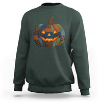 Halloween Blue Denim Patchwork Spooky Pumpkin Sweatshirt - Wonder Print Shop
