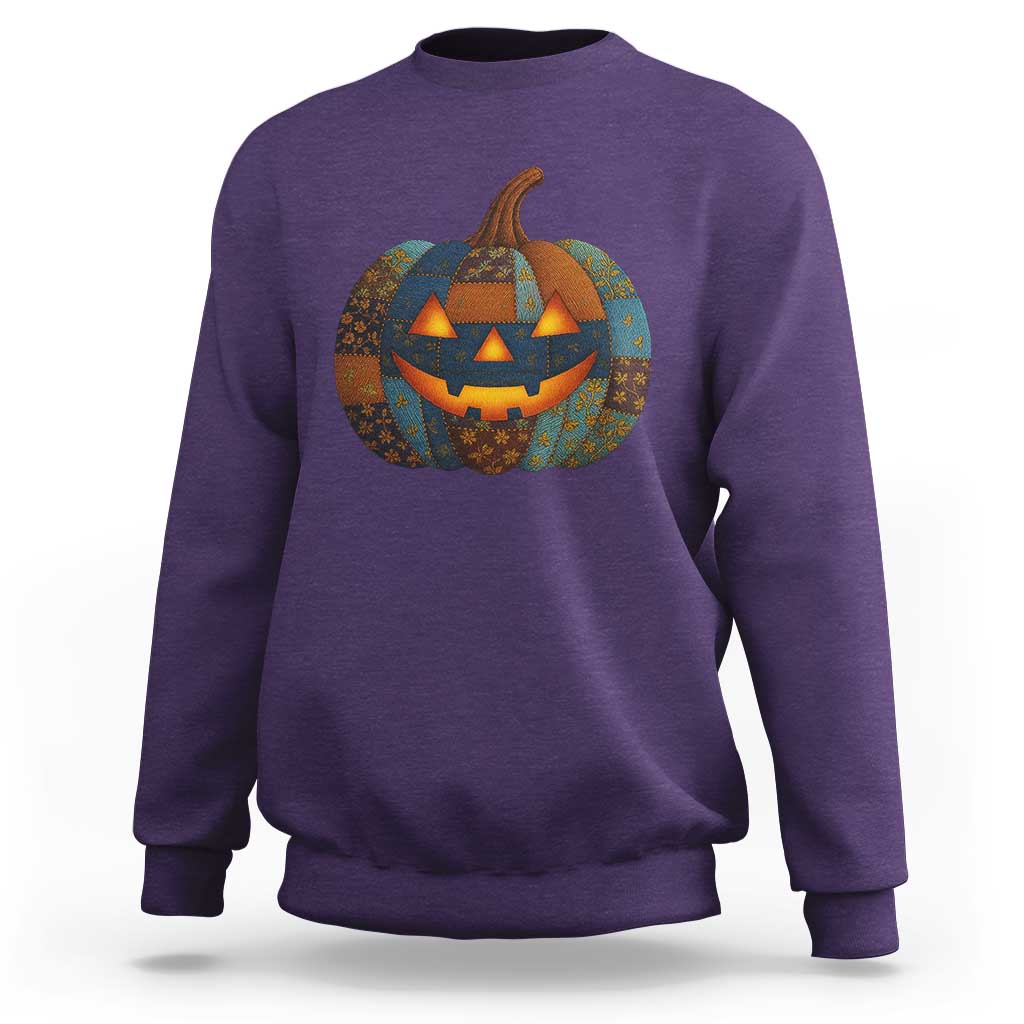 Halloween Blue Denim Patchwork Spooky Pumpkin Sweatshirt - Wonder Print Shop