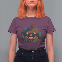 Halloween Blue Denim Patchwork Spooky Pumpkin T Shirt For Women - Wonder Print Shop