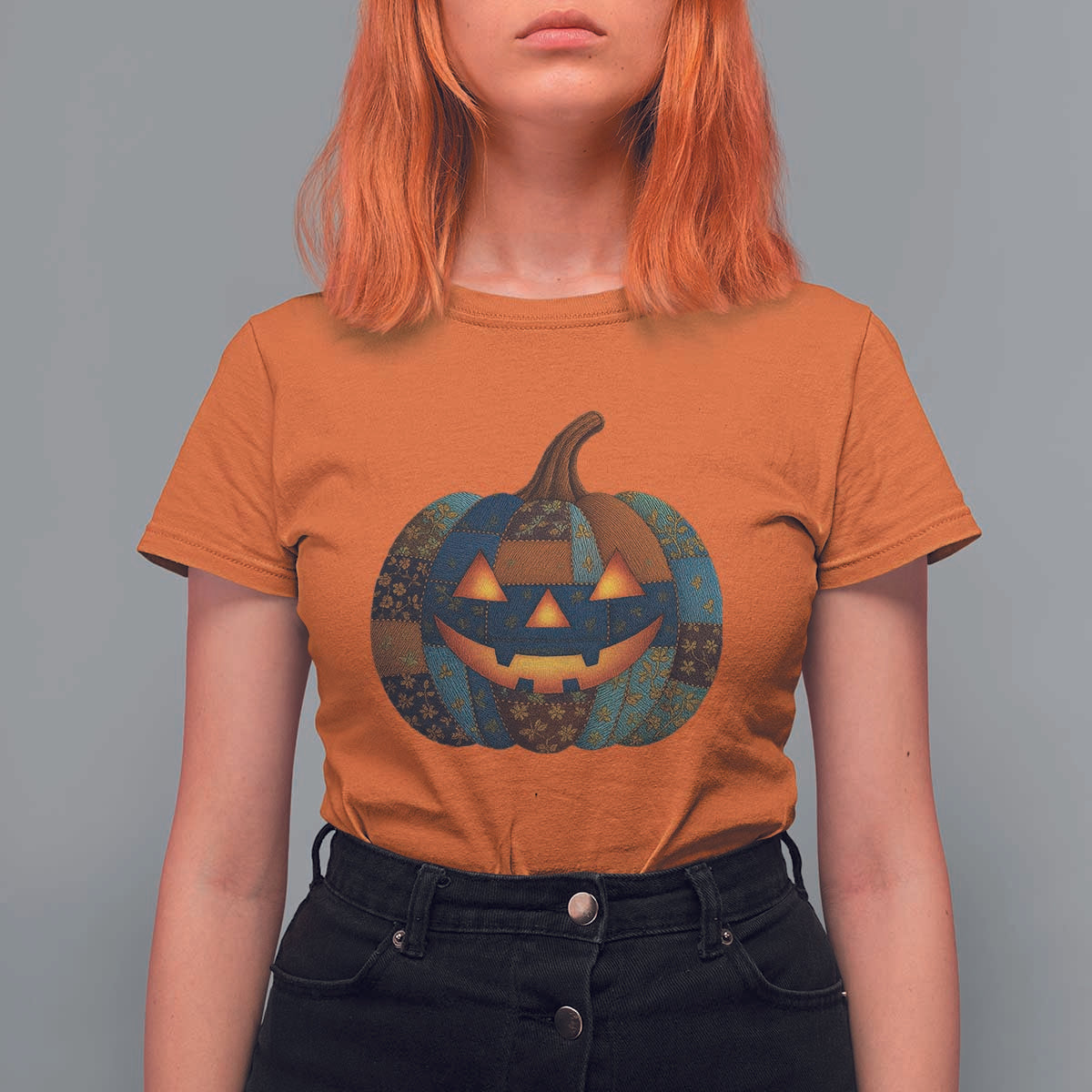 Halloween Blue Denim Patchwork Spooky Pumpkin T Shirt For Women - Wonder Print Shop