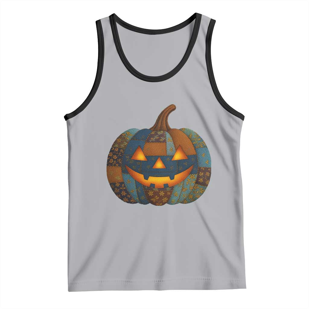 Halloween Blue Denim Patchwork Spooky Pumpkin Tank Top - Wonder Print Shop