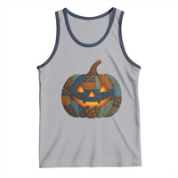 Halloween Blue Denim Patchwork Spooky Pumpkin Tank Top - Wonder Print Shop