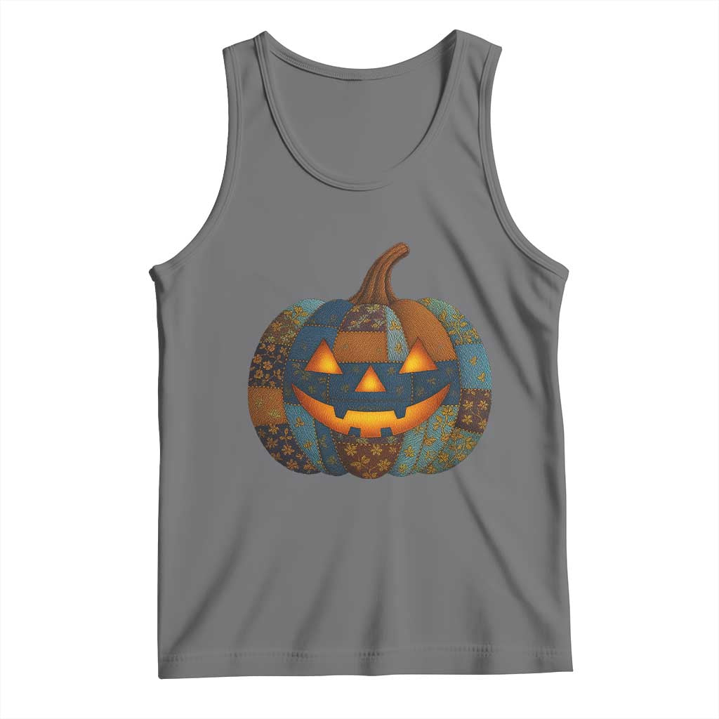 Halloween Blue Denim Patchwork Spooky Pumpkin Tank Top - Wonder Print Shop