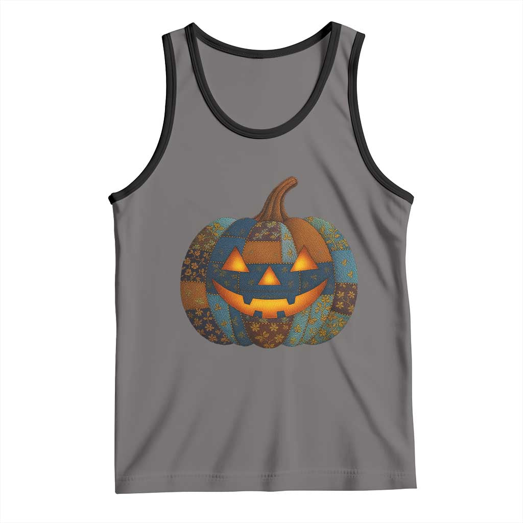 Halloween Blue Denim Patchwork Spooky Pumpkin Tank Top - Wonder Print Shop