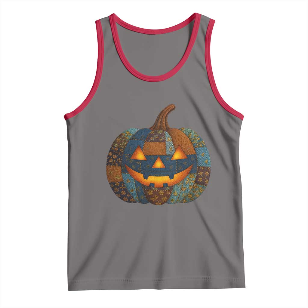 Halloween Blue Denim Patchwork Spooky Pumpkin Tank Top - Wonder Print Shop