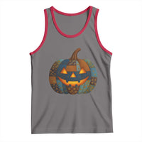 Halloween Blue Denim Patchwork Spooky Pumpkin Tank Top - Wonder Print Shop