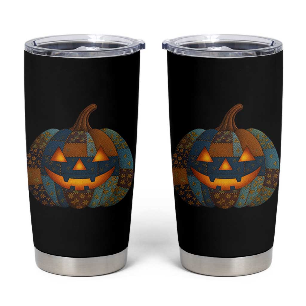 Halloween Blue Denim Patchwork Spooky Pumpkin Tumbler Cup - Wonder Print Shop