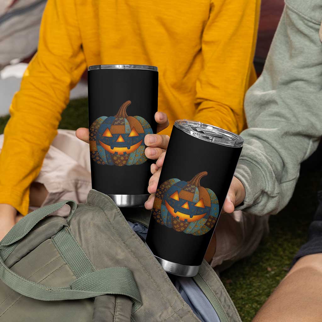 Halloween Blue Denim Patchwork Spooky Pumpkin Tumbler Cup - Wonder Print Shop