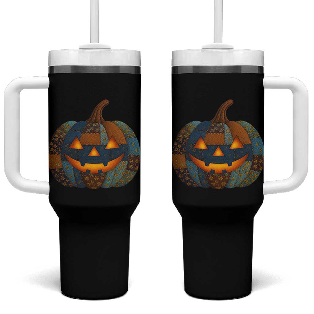 Halloween Blue Denim Patchwork Spooky Pumpkin Tumbler With Handle - Wonder Print Shop