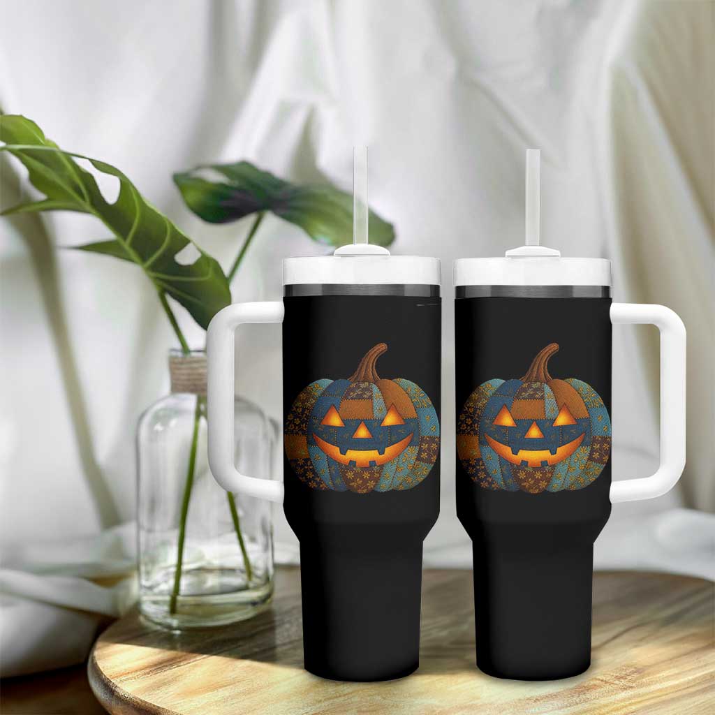 Halloween Blue Denim Patchwork Spooky Pumpkin Tumbler With Handle - Wonder Print Shop