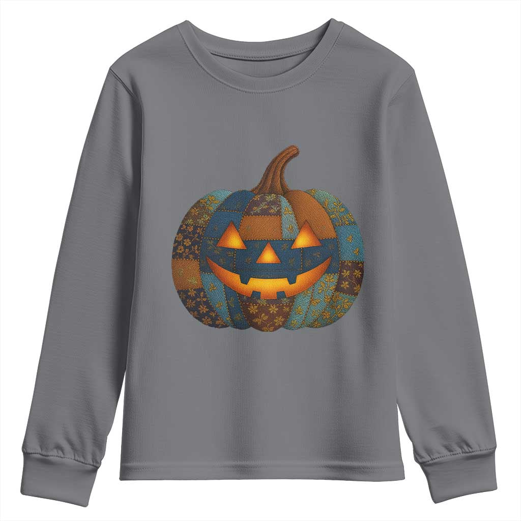 Halloween Blue Denim Patchwork Spooky Pumpkin Youth Sweatshirt - Wonder Print Shop