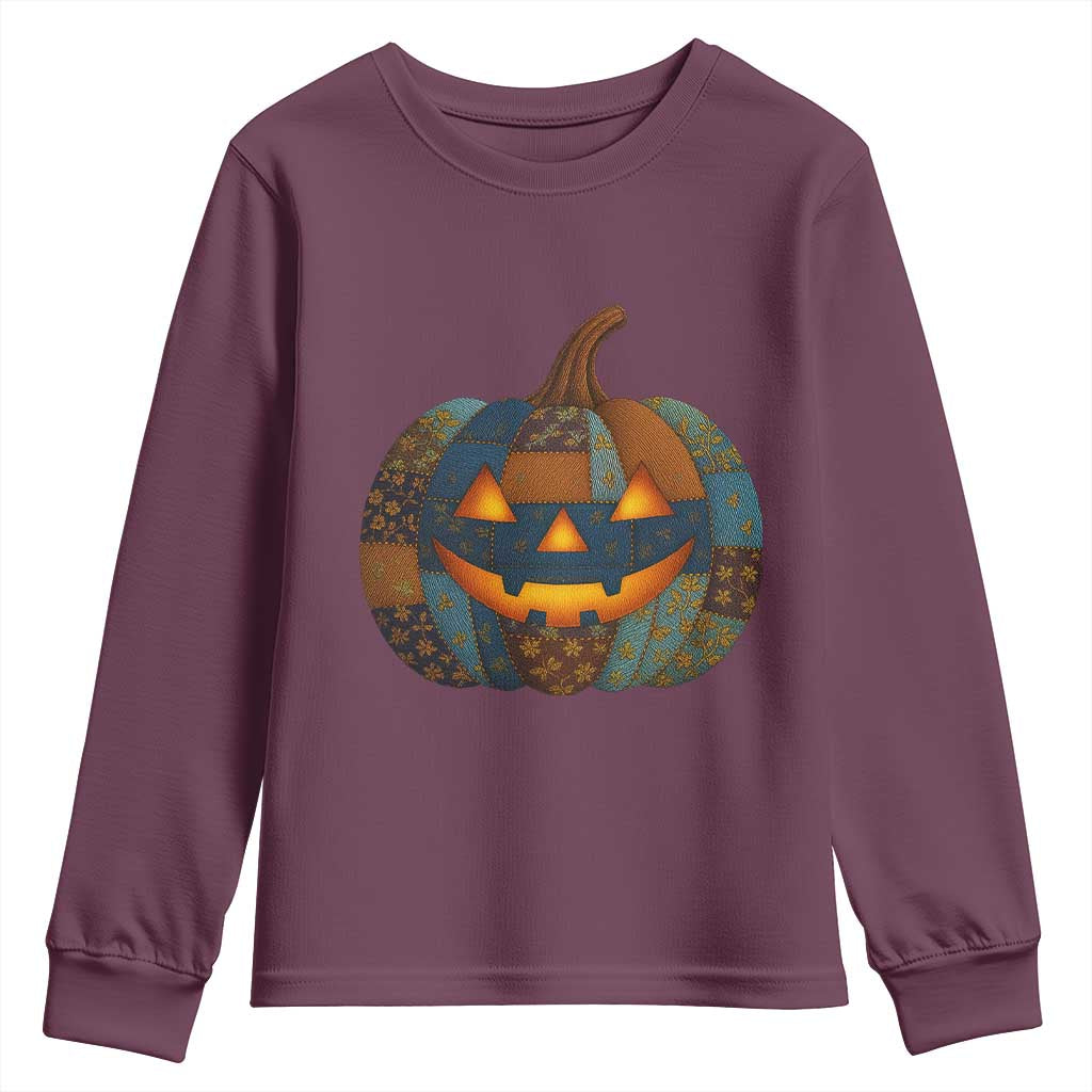 Halloween Blue Denim Patchwork Spooky Pumpkin Youth Sweatshirt - Wonder Print Shop