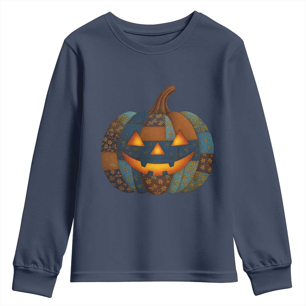 Halloween Blue Denim Patchwork Spooky Pumpkin Youth Sweatshirt - Wonder Print Shop