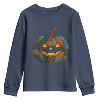 Halloween Blue Denim Patchwork Spooky Pumpkin Youth Sweatshirt - Wonder Print Shop