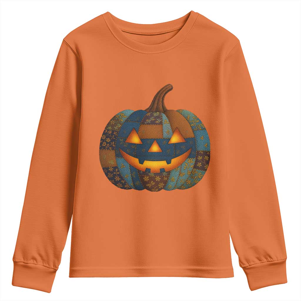Halloween Blue Denim Patchwork Spooky Pumpkin Youth Sweatshirt - Wonder Print Shop