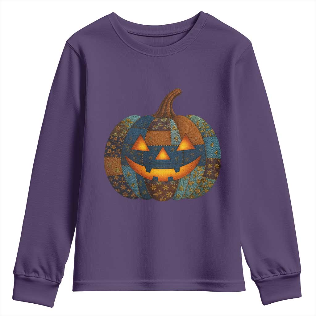 Halloween Blue Denim Patchwork Spooky Pumpkin Youth Sweatshirt - Wonder Print Shop