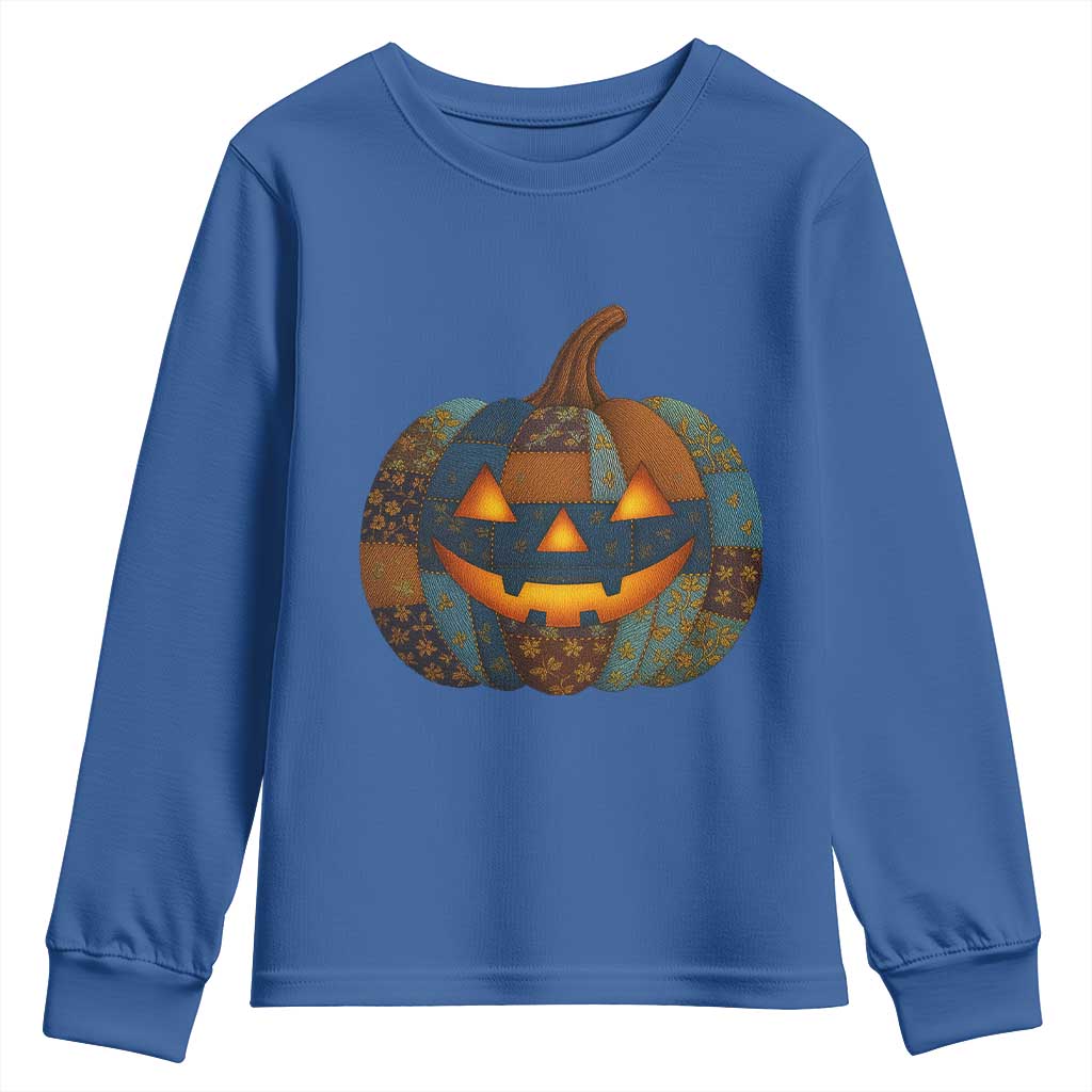 Halloween Blue Denim Patchwork Spooky Pumpkin Youth Sweatshirt - Wonder Print Shop