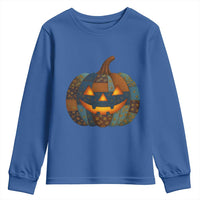 Halloween Blue Denim Patchwork Spooky Pumpkin Youth Sweatshirt - Wonder Print Shop